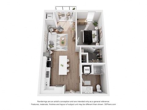 Floor plan for 1 bed, 1 bath, 750 sqft